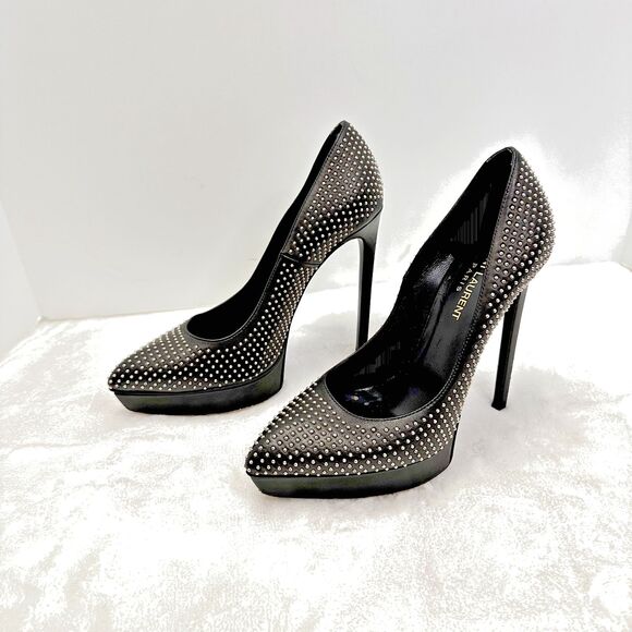 Saint Laurent YSL Studded Janis Black Leather Pumps Heels SZ 37.5 Italy - Picture 3 of 13